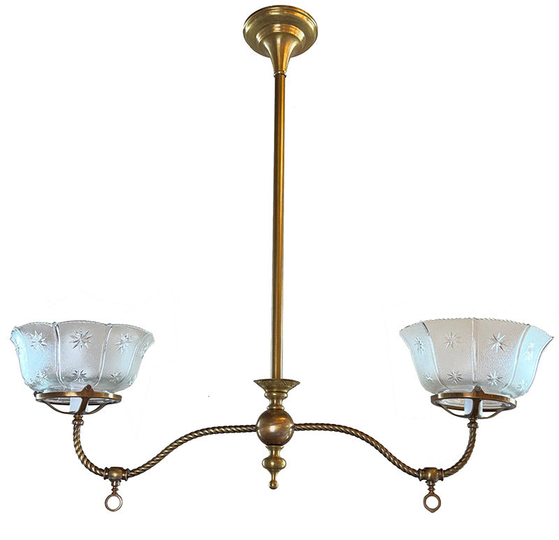 Antique Circa 1900 Two Light Converted Gas Fixture with Rope Tubing Arms and Antique Pressed Glass Shades