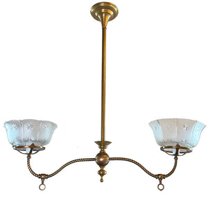 Antique Circa 1900 Two Light Converted Gas Fixture with Rope Tubing Arms and Antique Pressed Glass Shades