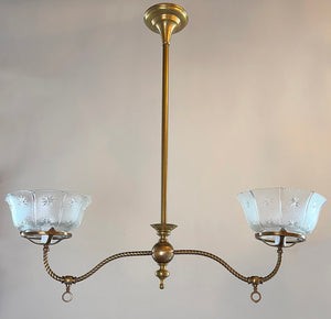 Antique Circa 1900 Two Light Converted Gas Fixture with Rope Tubing Arms and Antique Pressed Glass Shades