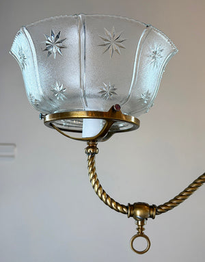 Antique Circa 1900 Two Light Converted Gas Fixture with Rope Tubing Arms and Antique Pressed Glass Shades