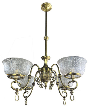 Antique Circa 1890 Late Victorian Converted Gas Four Light with Cast Neo Classical Center Body Scroll Arms and Signed Gillender Shades