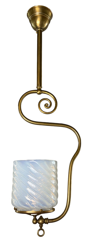 Antique Circa 1890 Converted Gas Pendant with Antique Deep Opalescent Swirl Cylinder Shade