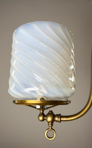 Antique Circa 1890 Converted Gas Pendant with Antique Deep Opalescent Swirl Cylinder Shade