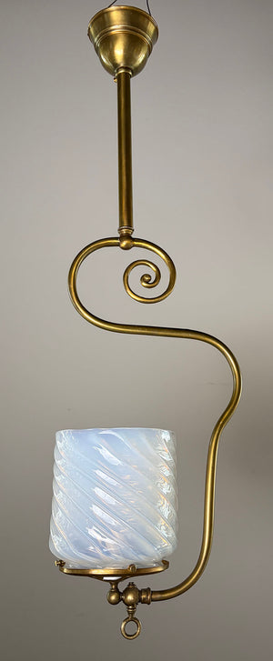 Antique Circa 1890 Converted Gas Pendant with Antique Deep Opalescent Swirl Cylinder Shade