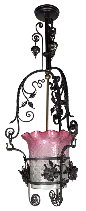 Incredible Antique 1890 Converted Gas Wrought Iron Victorian Lantern with Cranberry Tipped Acid Etched Shade