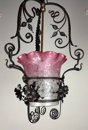 Incredible Antique 1890 Converted Gas Wrought Iron Victorian Lantern with Cranberry Tipped Acid Etched Shade