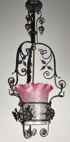 Incredible Antique 1890 Converted Gas Wrought Iron Victorian Lantern with Cranberry Tipped Acid Etched Shade