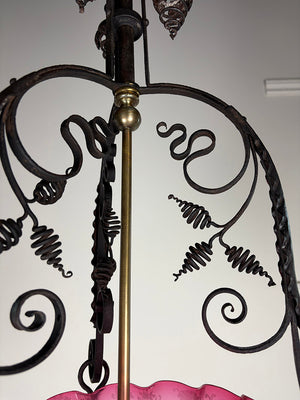 Incredible Antique 1890 Converted Gas Wrought Iron Victorian Lantern with Cranberry Tipped Acid Etched Shade