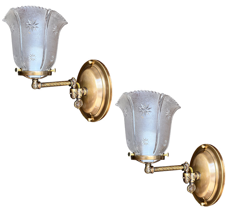 $750 PAIR - Circa 1890  Converted Gas Sconce with Rope Tubing and Pressed Glass Star Patterned Shades
