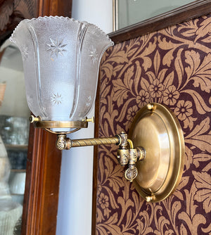 $750 PAIR - Circa 1890  Converted Gas Sconce with Rope Tubing and Pressed Glass Star Patterned Shades