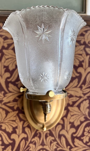 $750 PAIR - Circa 1890  Converted Gas Sconce with Rope Tubing and Pressed Glass Star Patterned Shades