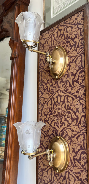 $750 PAIR - Circa 1890  Converted Gas Sconce with Rope Tubing and Pressed Glass Star Patterned Shades