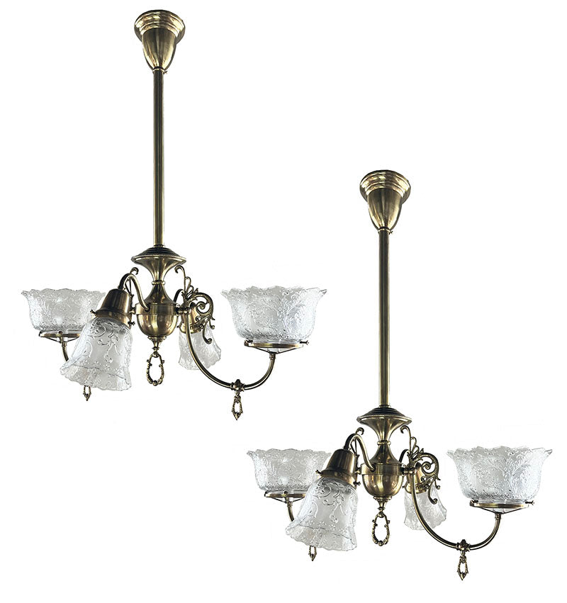 $3000 PAIR - Circa 1890s Late Victorian Converted Gas Four Light Gas Electric Fixtures with Original Pressed Glass Filigree Shades