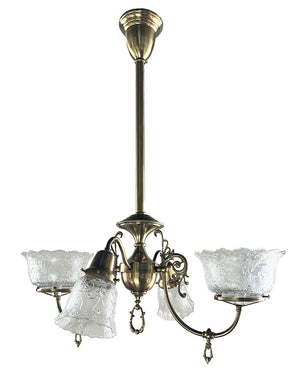 $3000 PAIR - Circa 1890s Late Victorian Converted Gas Four Light Gas Electric Fixtures with Original Pressed Glass Filigree Shades