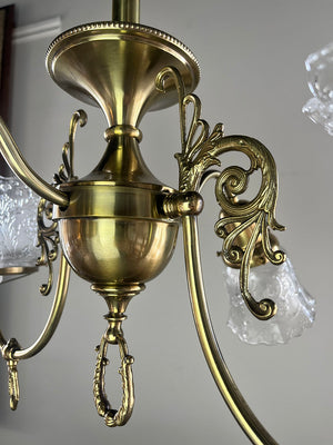 $3000 PAIR - Circa 1890s Late Victorian Converted Gas Four Light Gas Electric Fixtures with Original Pressed Glass Filigree Shades