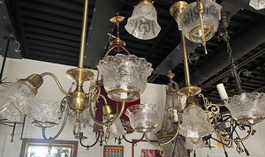 $3000 PAIR - Circa 1890s Late Victorian Converted Gas Four Light Gas Electric Fixtures with Original Pressed Glass Filigree Shades