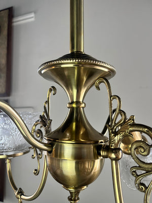 $3000 PAIR - Circa 1890s Late Victorian Converted Gas Four Light Gas Electric Fixtures with Original Pressed Glass Filigree Shades