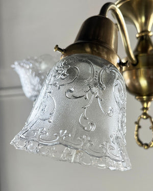 $3000 PAIR - Circa 1890s Late Victorian Converted Gas Four Light Gas Electric Fixtures with Original Pressed Glass Filigree Shades