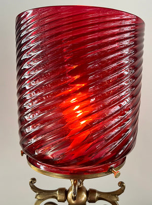 Antique Circa 1880s Converted Gas Newel Post Light with Original Cranberry Swirl Glass Cylinder Shade
