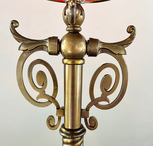 Antique Circa 1880s Converted Gas Newel Post Light with Original Cranberry Swirl Glass Cylinder Shade