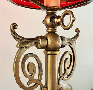 Antique Circa 1880s Converted Gas Newel Post Light with Original Cranberry Swirl Glass Cylinder Shade