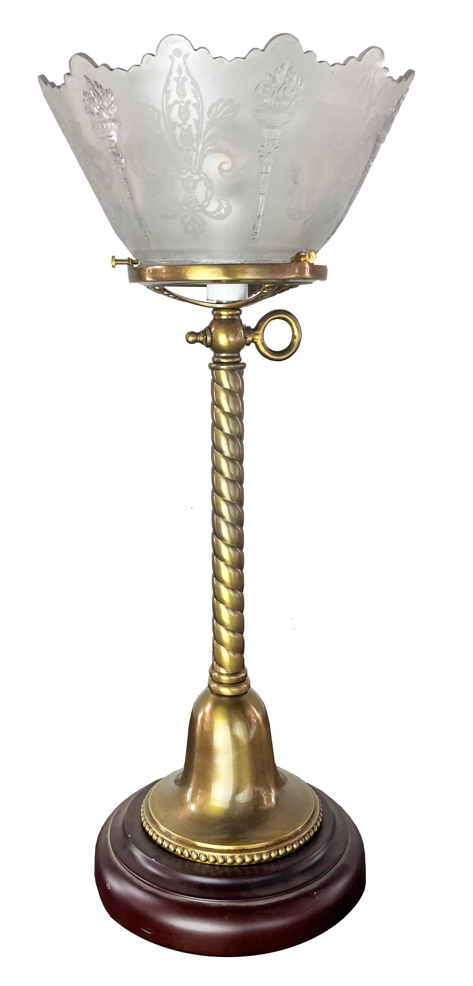 Antique Early 1900s Converted Gas Newel Post Lamp with Rope Tubing and Antique Neo Classical Etched Shade with Torch Motif