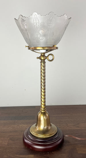 Antique Early 1900s Converted Gas Newel Post Lamp with Rope Tubing and Antique Neo Classical Etched Shade with Torch Motif