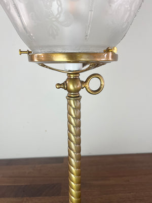Antique Early 1900s Converted Gas Newel Post Lamp with Rope Tubing and Antique Neo Classical Etched Shade with Torch Motif
