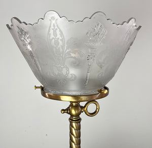 Antique Early 1900s Converted Gas Newel Post Lamp with Rope Tubing and Antique Neo Classical Etched Shade with Torch Motif