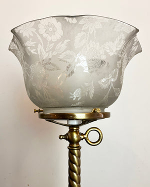 Antique Early 1900s Converted Gas Newel Post Lamp with Rope Tubing and Antique Stencil Etched Ruffled Shade