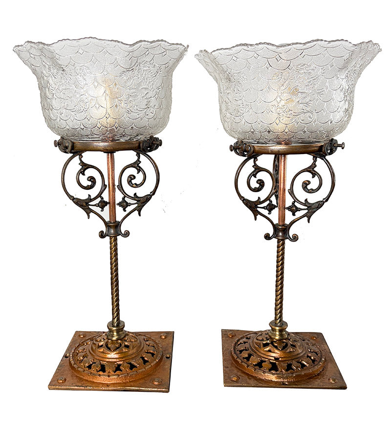 $850 PAIR - Converted Gas 1890s Table Lamps with Antique Gillinder Pressed Glass Lion Shades