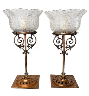 $850 PAIR - Converted Gas 1890s Table Lamps with Antique Gillinder Pressed Glass Lion Shades