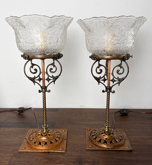 $850 PAIR - Converted Gas 1890s Table Lamps with Antique Gillinder Pressed Glass Lion Shades