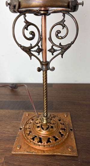 $850 PAIR - Converted Gas 1890s Table Lamps with Antique Gillinder Pressed Glass Lion Shades