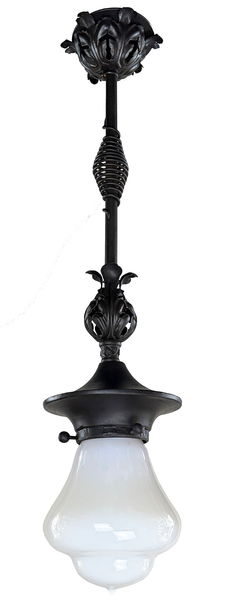 Antique Circa 1890 Late Victoran Richardsonian Romanesque Wrought Iron Pendant with Original Opal Glass