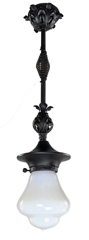 Antique Circa 1890 Late Victoran Richardsonian Romanesque Wrought Iron Pendant with Original Opal Glass