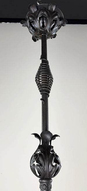 Antique Circa 1890 Late Victoran Richardsonian Romanesque Wrought Iron Pendant with Original Opal Glass