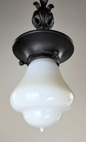 Antique Circa 1890 Late Victoran Richardsonian Romanesque Wrought Iron Pendant with Original Opal Glass