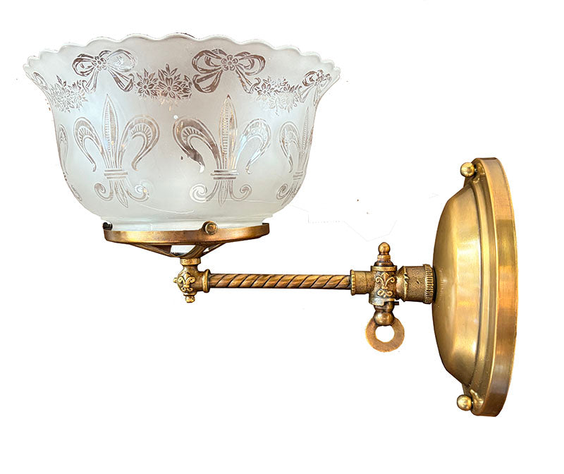Antique Circa 1890s Converted Gas Stationary Sconce with Antique Fleur De Lis Etched Shade