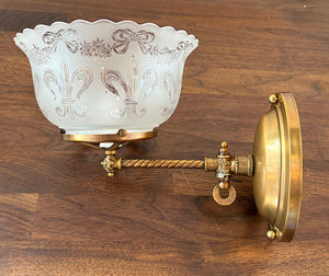 Antique Circa 1890s Converted Gas Stationary Sconce with Antique Fleur De Lis Etched Shade