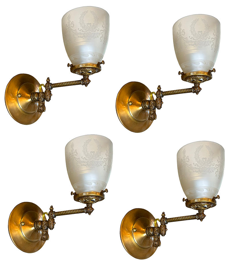 $1600 SET of 4 - Circa 1890 Converted Gas Sconce with Rope Tubing and Antique Acid Etched Wreath and Torch Shades