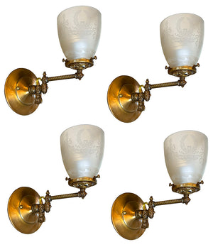 $1600 SET of 4 - Circa 1890 Converted Gas Sconce with Rope Tubing and Antique Acid Etched Wreath and Torch Shades