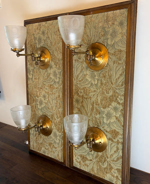 $1600 SET of 4 - Circa 1890 Converted Gas Sconce with Rope Tubing and Antique Acid Etched Wreath and Torch Shades