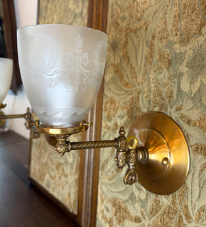 $1600 SET of 4 - Circa 1890 Converted Gas Sconce with Rope Tubing and Antique Acid Etched Wreath and Torch Shades