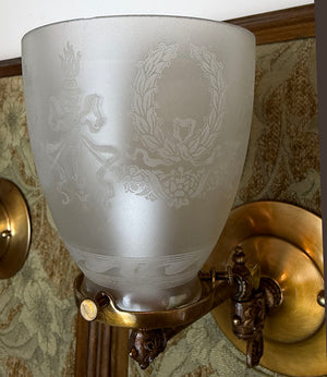 $1600 SET of 4 - Circa 1890 Converted Gas Sconce with Rope Tubing and Antique Acid Etched Wreath and Torch Shades