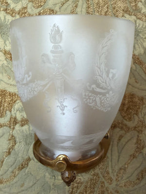 $1600 SET of 4 - Circa 1890 Converted Gas Sconce with Rope Tubing and Antique Acid Etched Wreath and Torch Shades