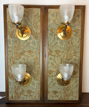 $1600 SET of 4 - Circa 1890 Converted Gas Sconce with Rope Tubing and Antique Acid Etched Wreath and Torch Shades