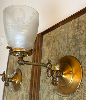 $1600 SET of 4 - Circa 1890 Converted Gas Sconce with Rope Tubing and Antique Acid Etched Wreath and Torch Shades