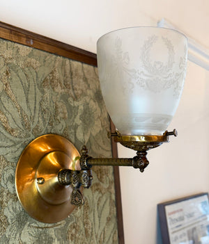 $1600 SET of 4 - Circa 1890 Converted Gas Sconce with Rope Tubing and Antique Acid Etched Wreath and Torch Shades