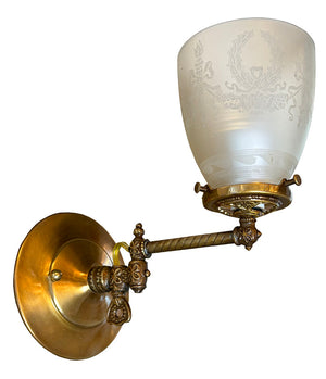 $1600 SET of 4 - Circa 1890 Converted Gas Sconce with Rope Tubing and Antique Acid Etched Wreath and Torch Shades